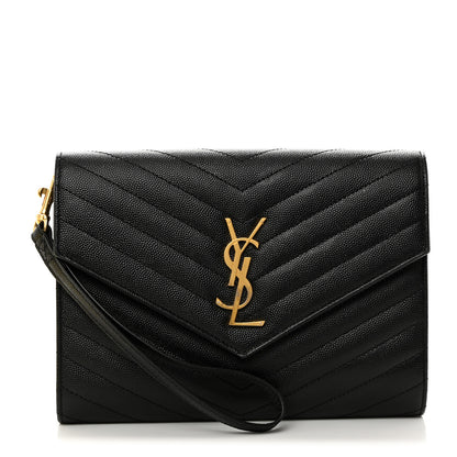 Saint Laurent Grain De Poudre Matelasse Chevron Monogram Envelope Clutch Black 1 of 8