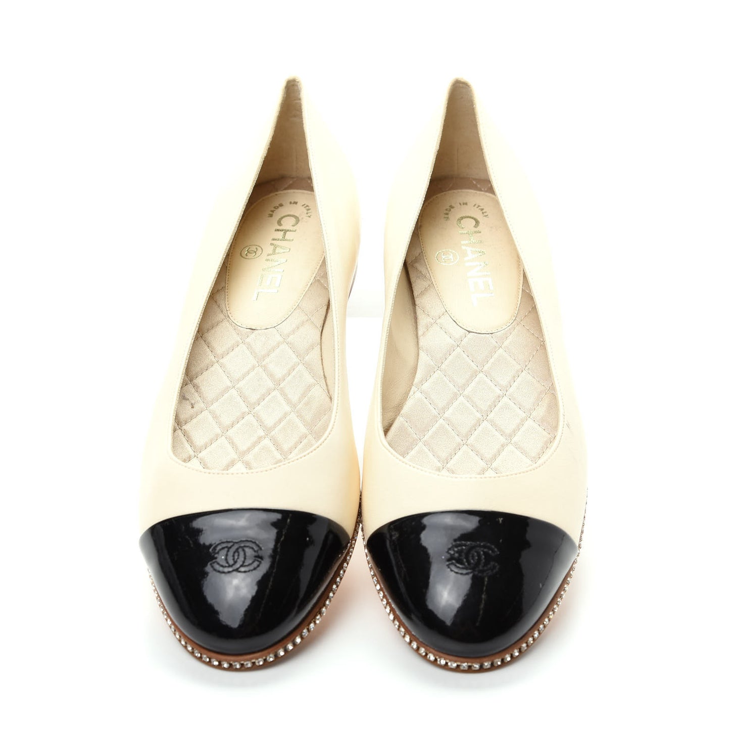 Patent Lambskin Crystal CC Cap Toe Ballerina Flats 39 Beige Black