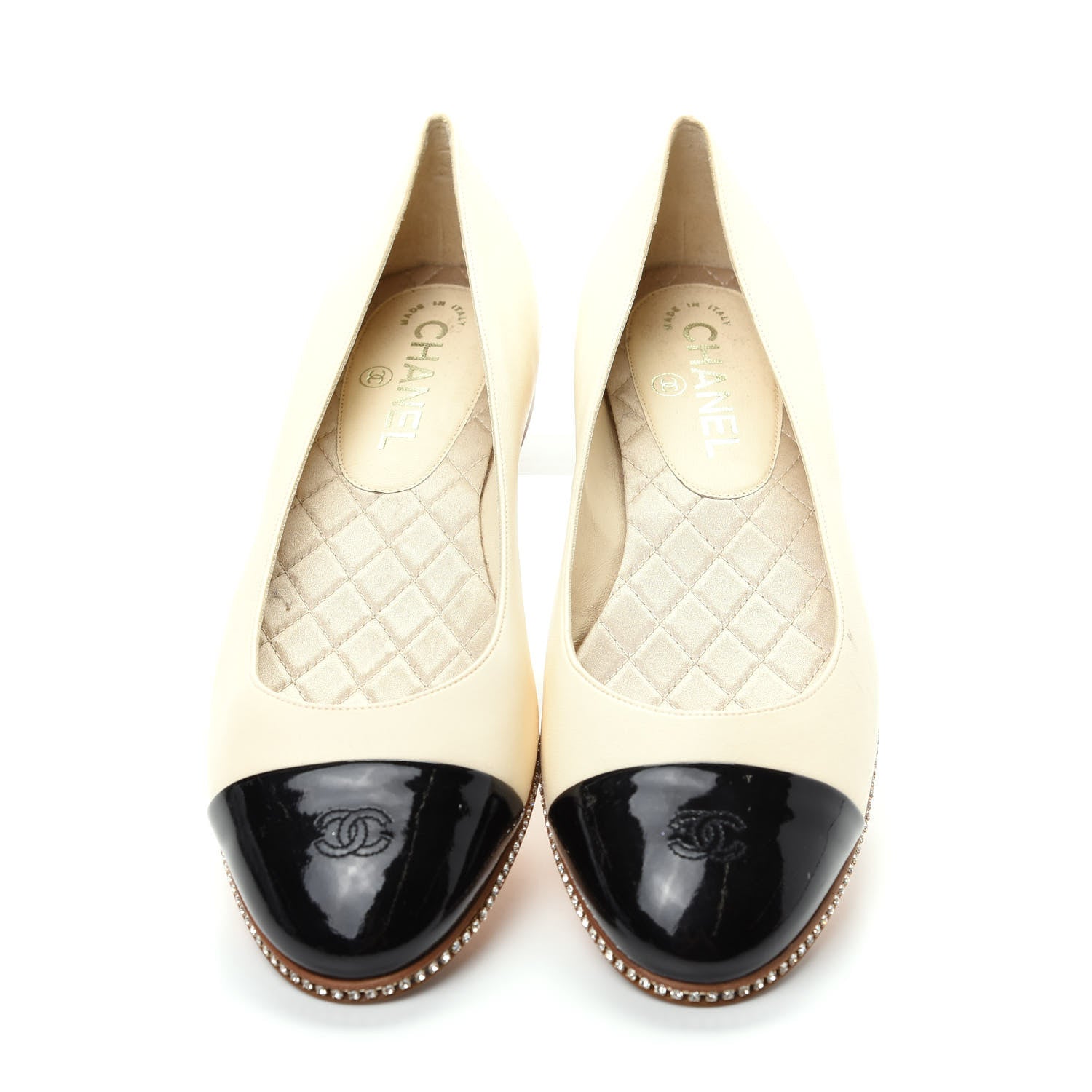 Chanel Patent Lambskin Crystal CC Cap Toe Ballerina Flats 39 Beige Black 5 of 11