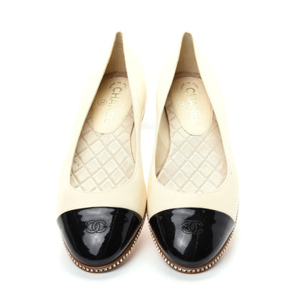 Chanel Patent Lambskin Crystal CC Cap Toe Ballerina Flats 39 Beige Black 5 of 11