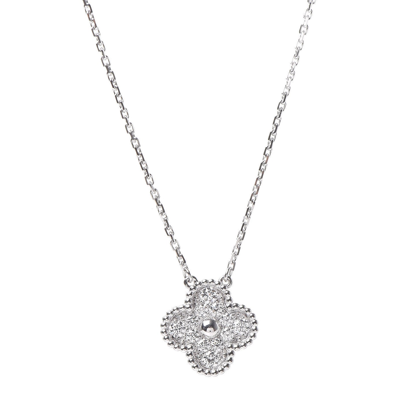 18K White Gold Diamond Vintage Alhambra Pendant Necklace