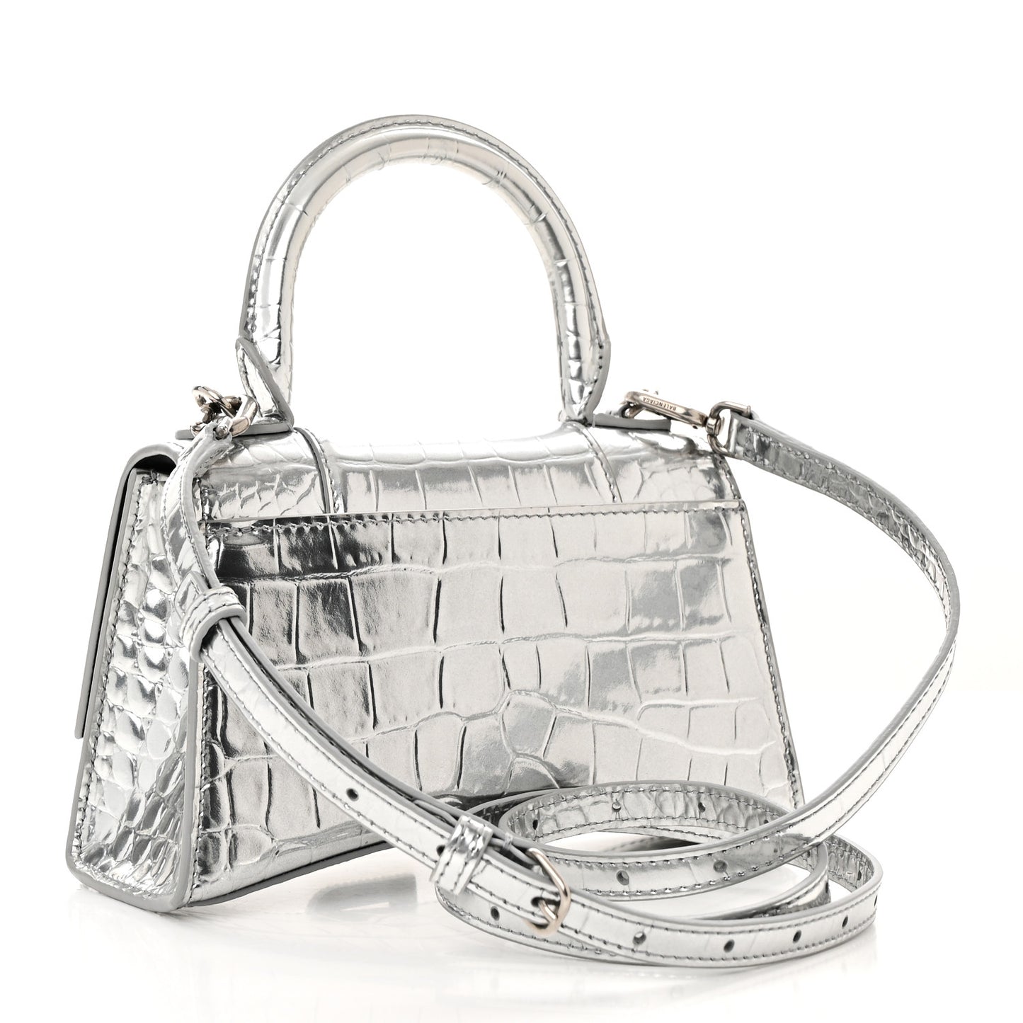 Metallic Calfskin Crocodile Embossed Crystal Hourglass Top Handle Bag XS Silver