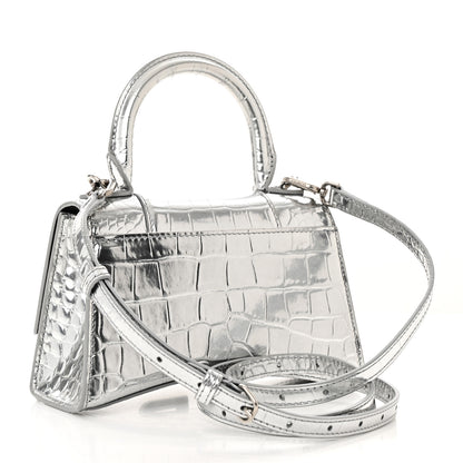 Balenciaga Metallic Calfskin Crocodile Embossed Crystal Hourglass Top Handle Bag XS Silver 3 of 11