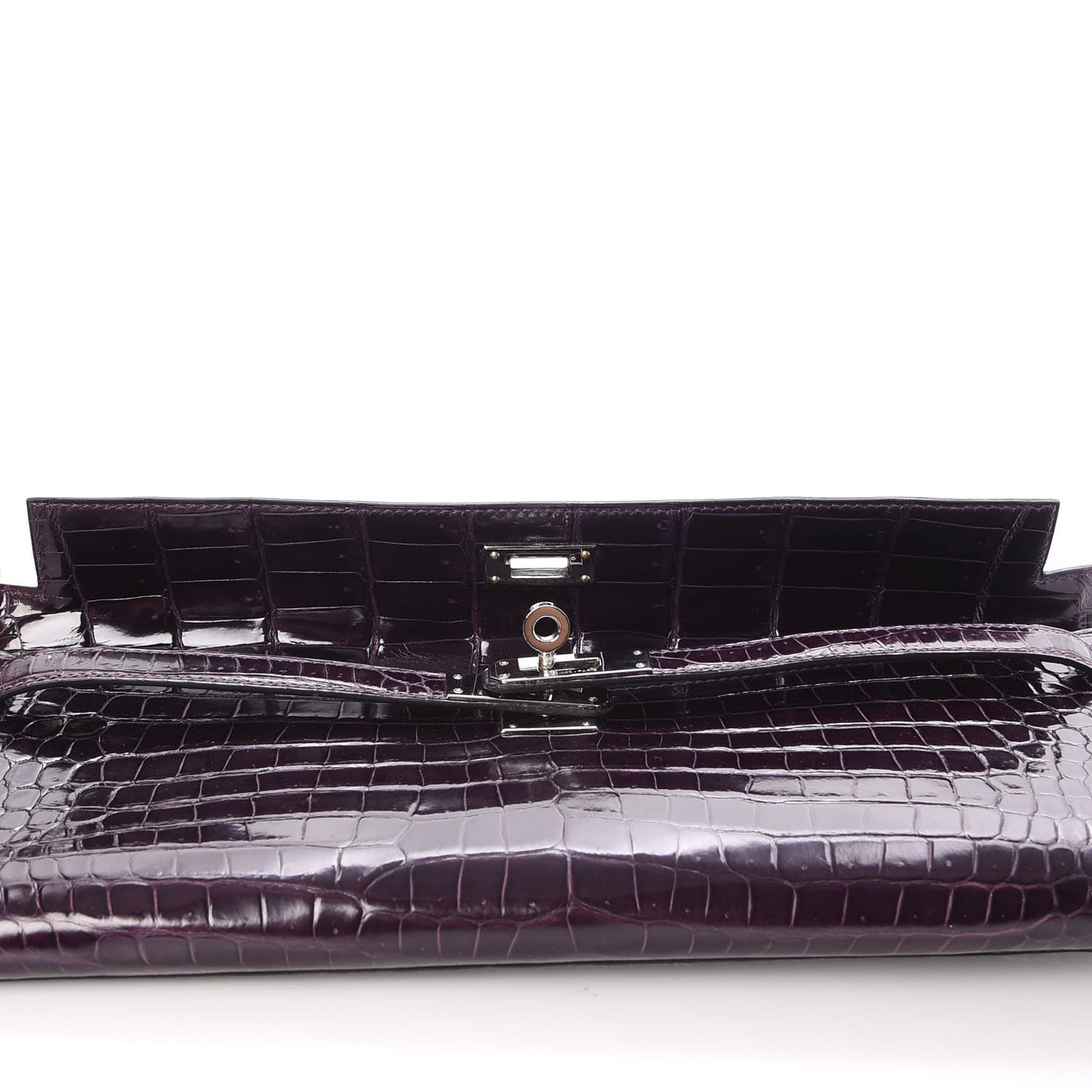 Shiny Porosus Crocodile Kelly Cut Pochette Aubergine