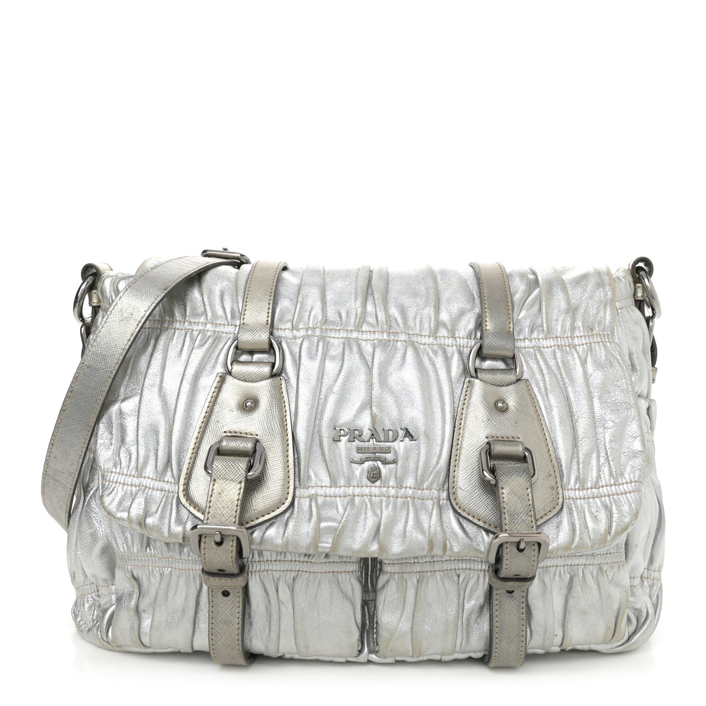 Metallic Nappa Gaufre Messenger Tote Argento