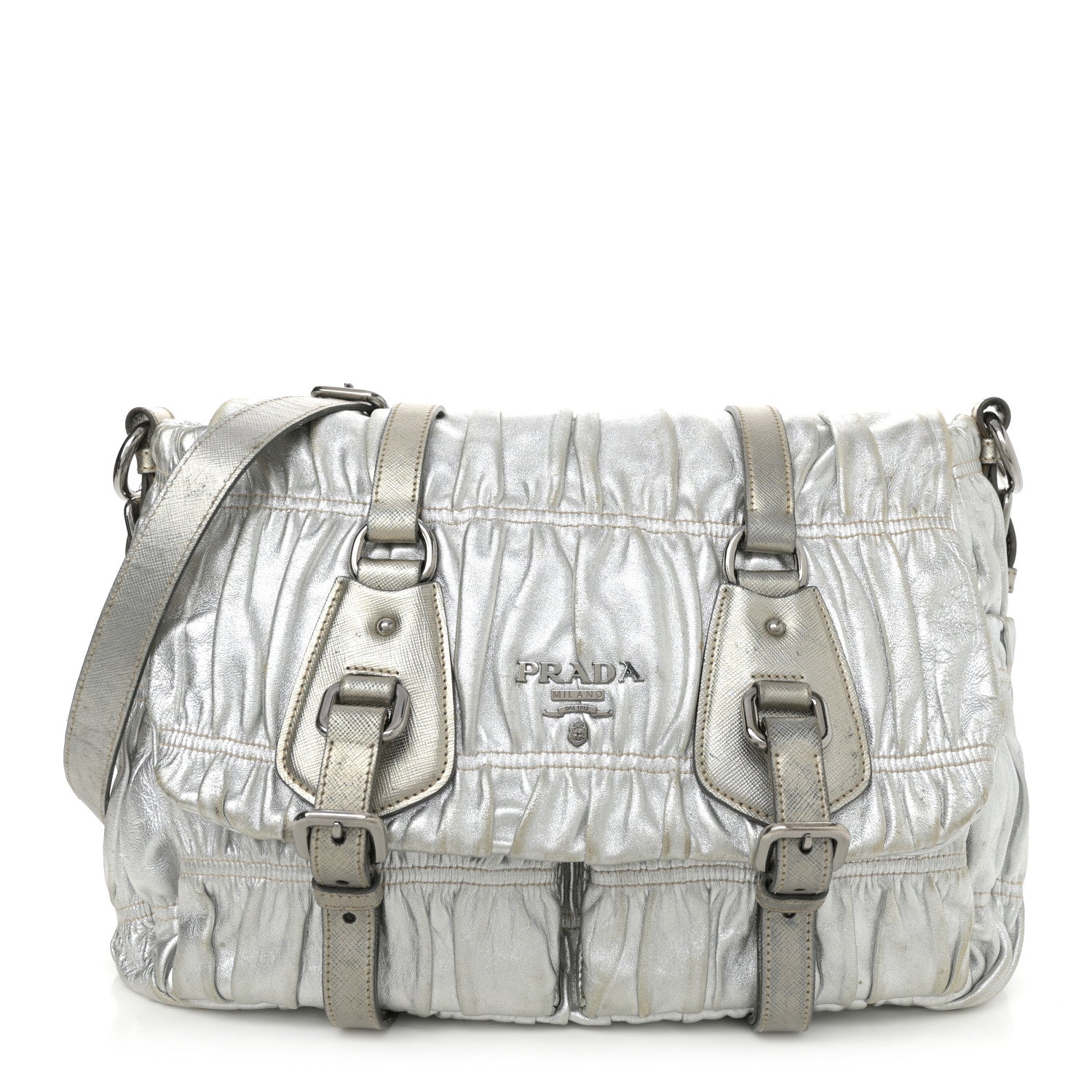 Prada Metallic Nappa Gaufre Messenger Tote Argento 1 of 19