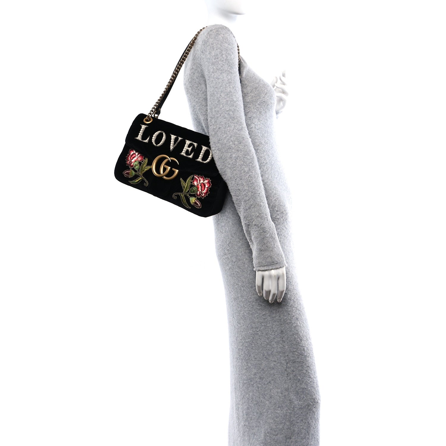 Gucci Velvet Matelasse Loved Embroidered Medium GG Marmont Shoulder Bag Black 2 of 11