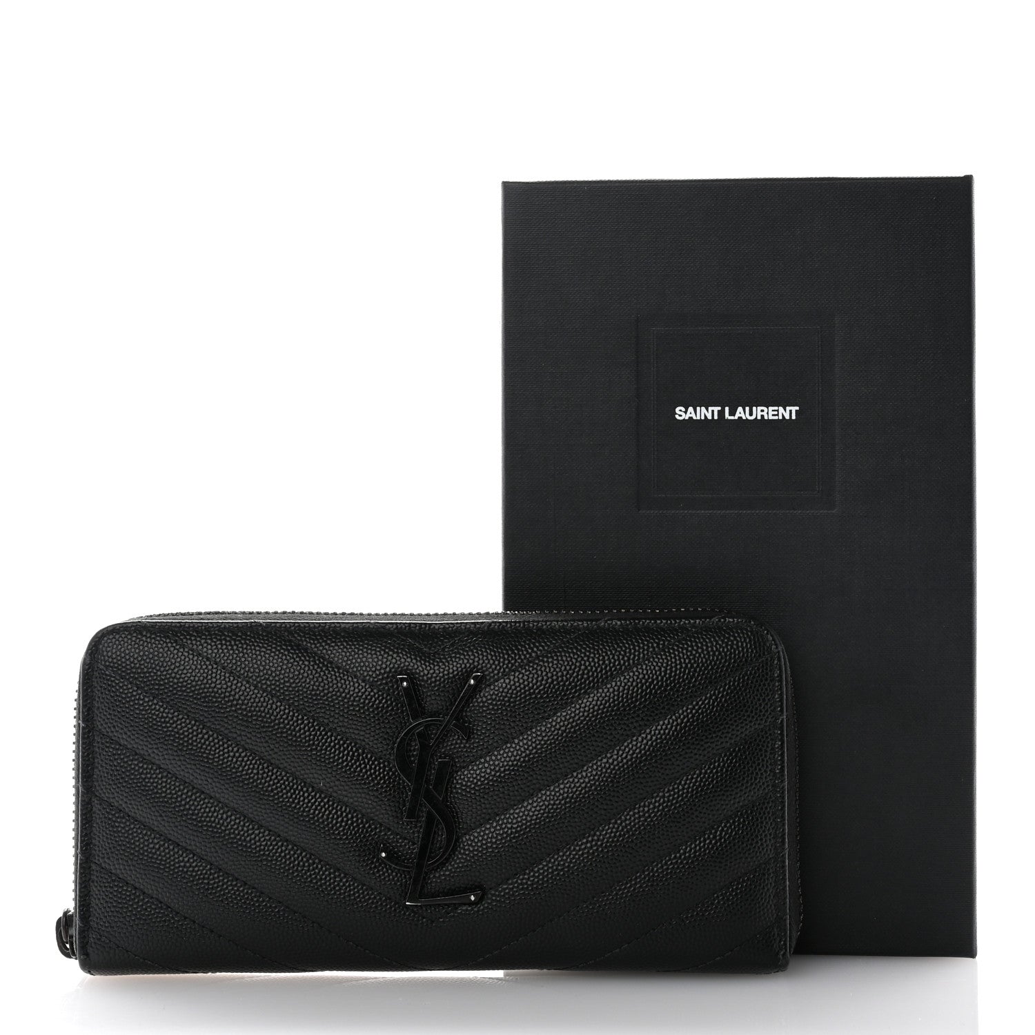 Saint Laurent Grain De Poudre Matelasse Chevron Monogram Monochrome Zip Around Wallet Black 10 of 10
