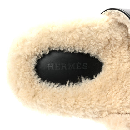 Hermes Calfskin Woolskin Womens Chypre Sandals 37 Black Ecru 7 of 8