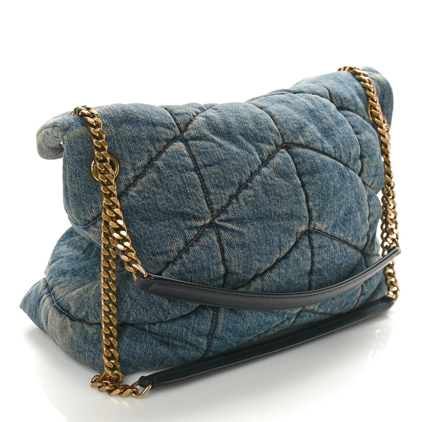 Denim Quilted Medium Loulou Puffer Monogram Chain Satchel Blue Black