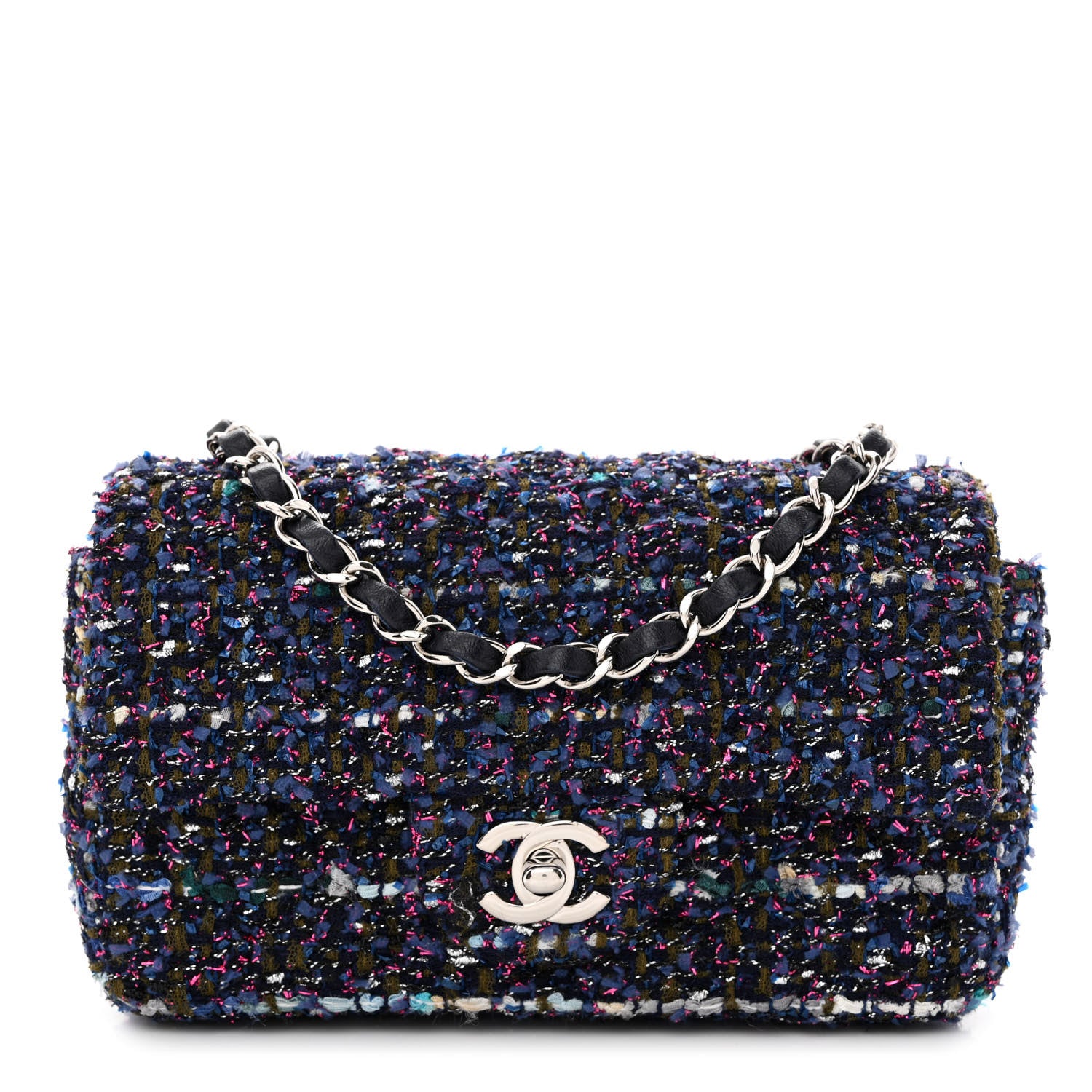 Chanel Tweed Quilted Mini Rectangular Flap Blue Purple Khaki Pink 1 of 12