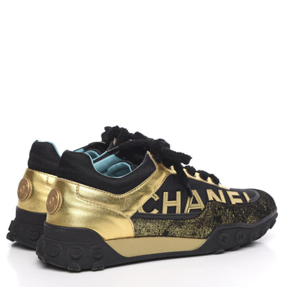 Chanel Metallic Lambskin Satin Finish Womens CC Sneakers 37 Black Gold 4 of 10