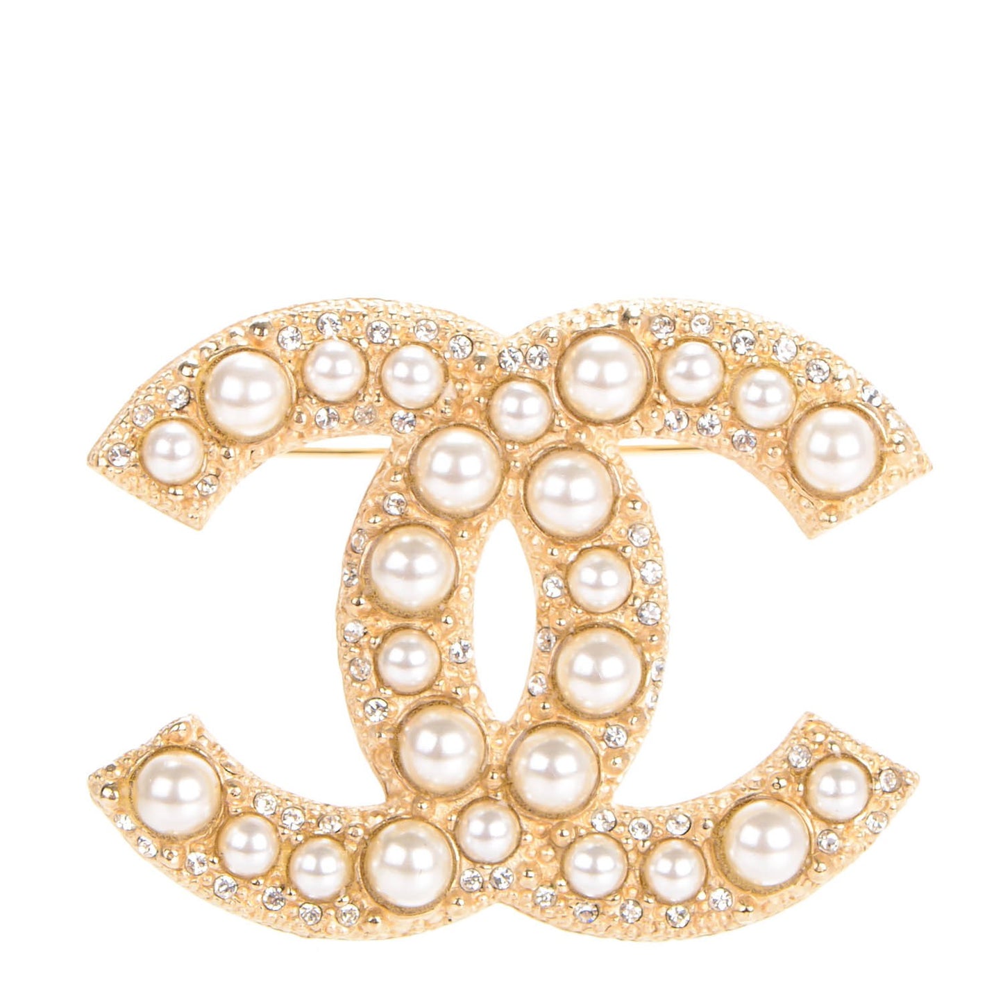 Pearl Crystal CC Brooch Gold