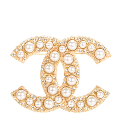 Chanel Pearl Crystal CC Brooch Gold 1 of 5