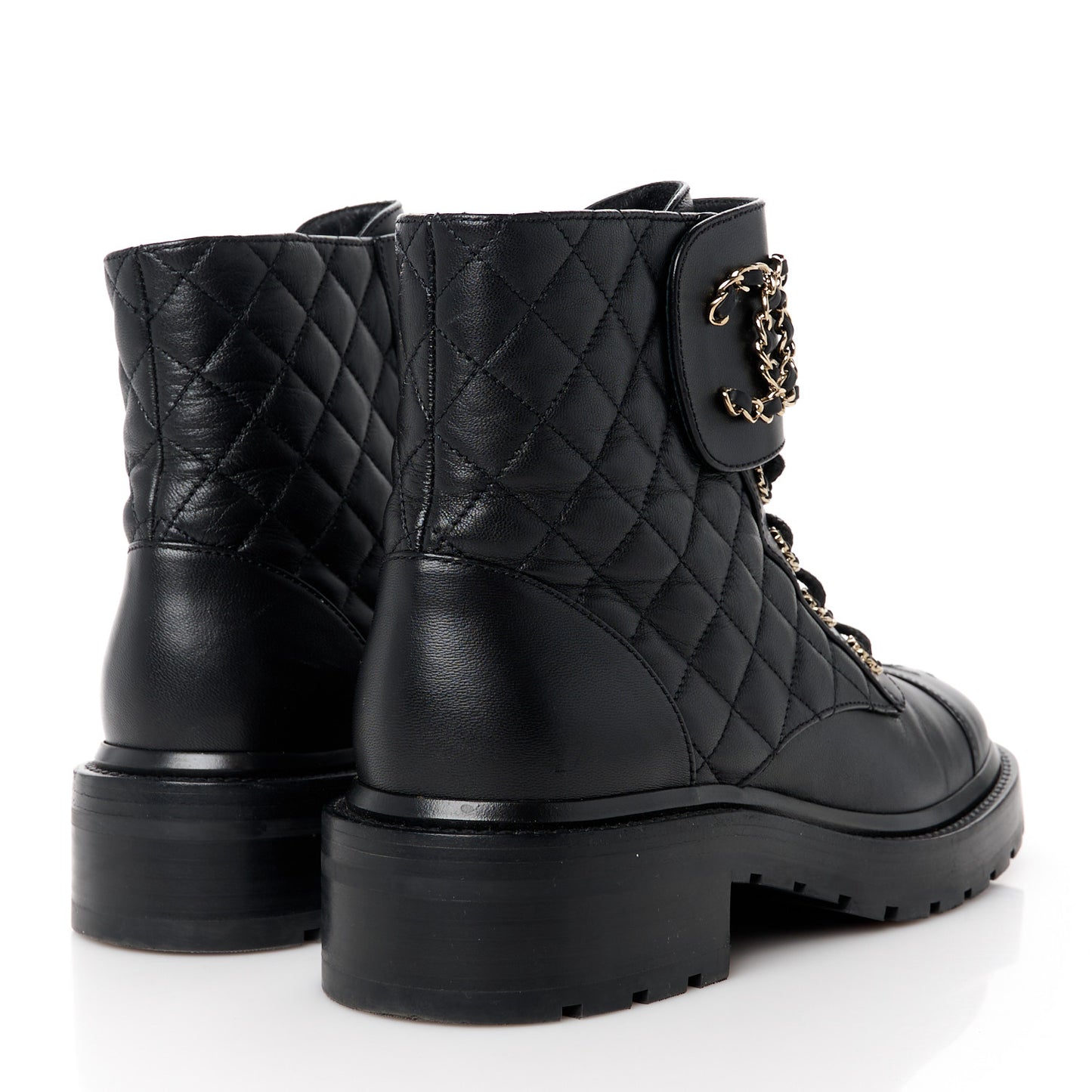 Shiny Goatskin Calfskin Quilted Lace Up Combat Boots 38 Black