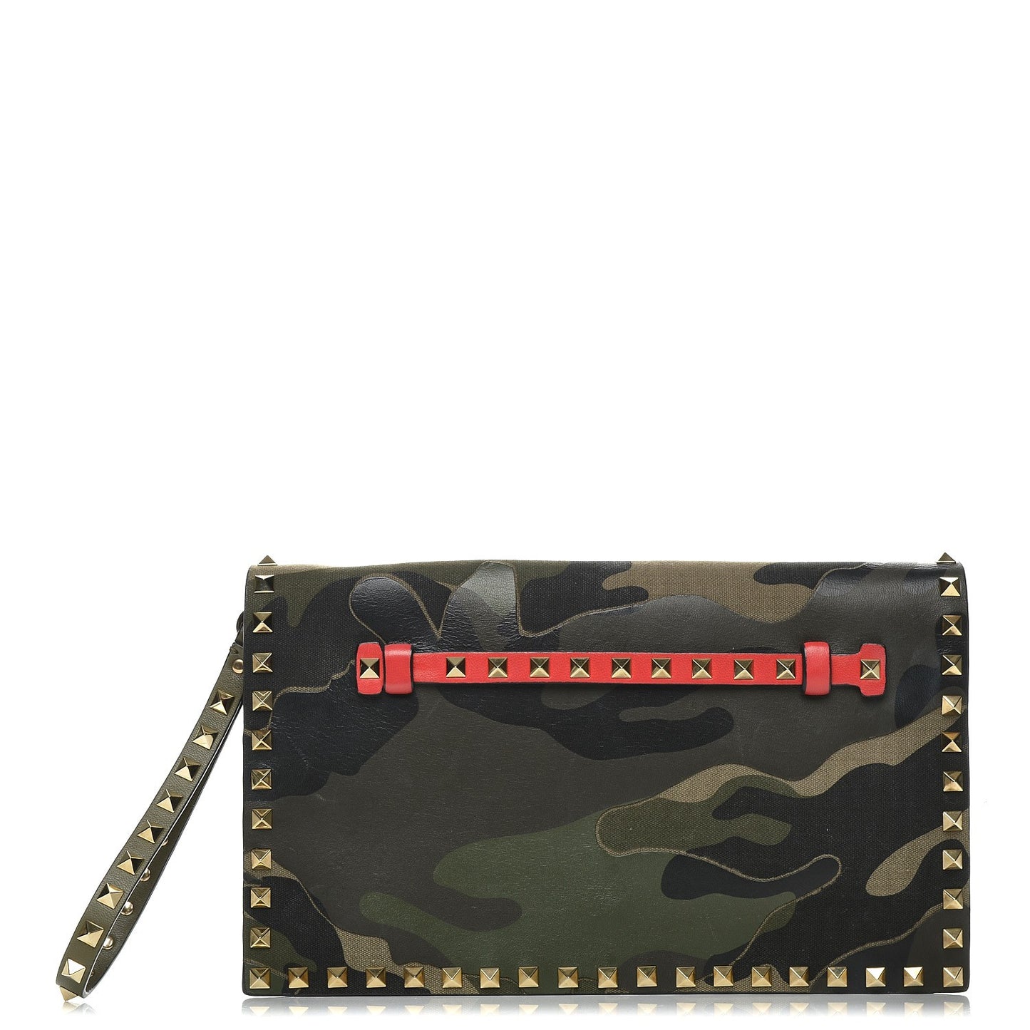 Nappa Canvas Camouflage Rockstud Wristlet Clutch Verde Rouge