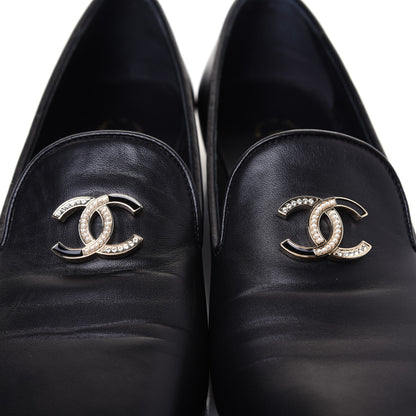 Chanel Enamel Pearl Crystal Lambskin Womens CC Mocassin Loafers 37 Black 11 of 11