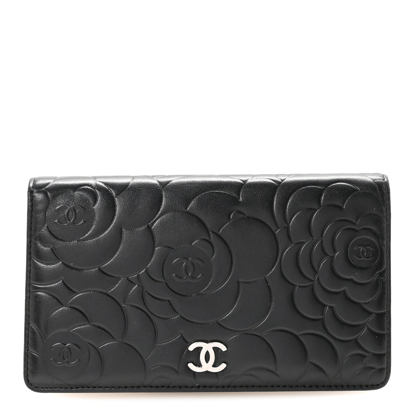 Lambskin Camellia Embossed Yen Wallet Black