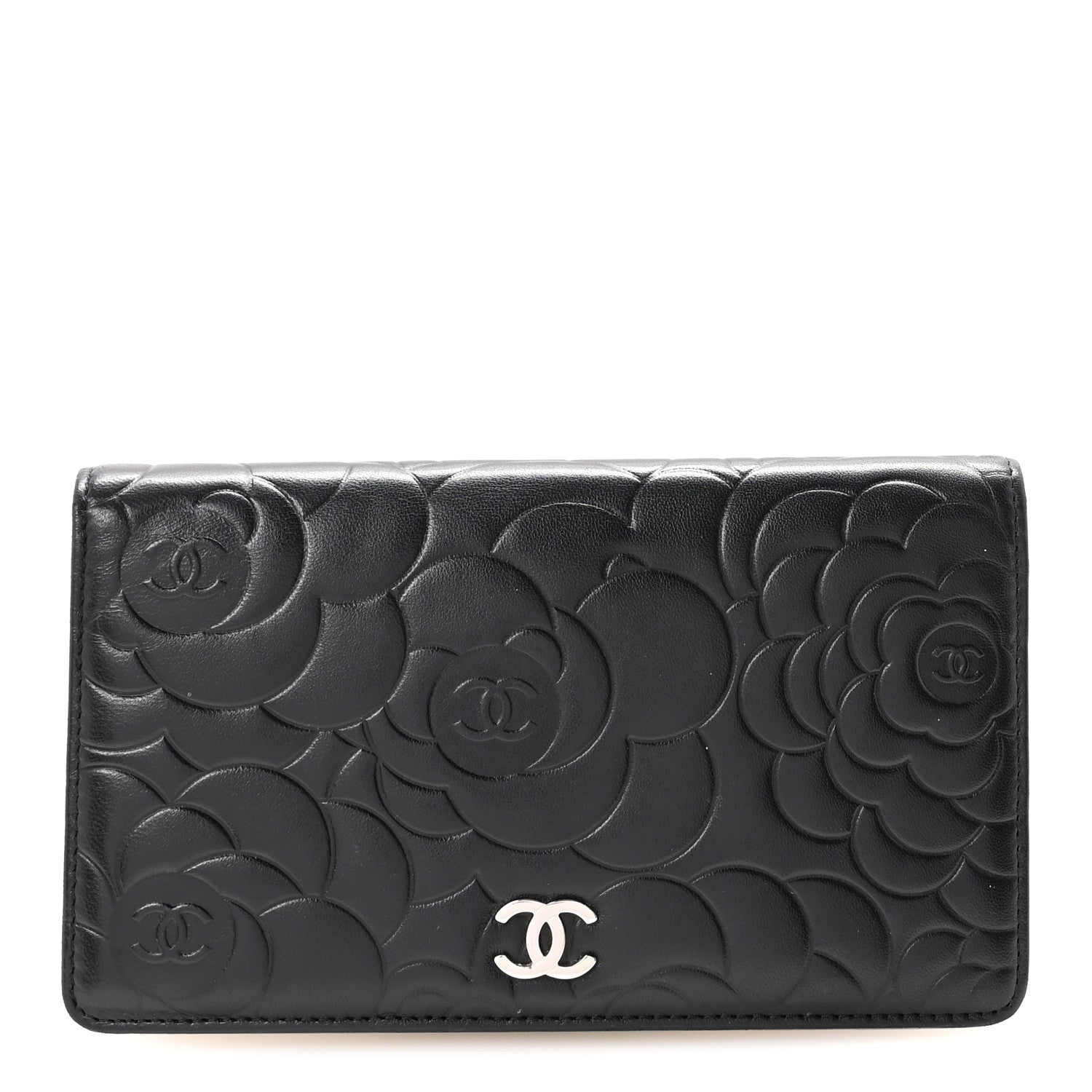 Chanel Lambskin Camellia Embossed Yen Wallet Black 1 of 7