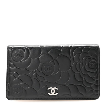 Chanel Lambskin Camellia Embossed Yen Wallet Black 1 of 7