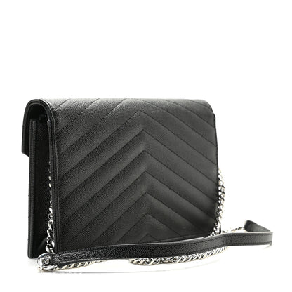 Saint Laurent Grain De Poudre Matelasse Chevron Monogram Envelope Chain Wallet Black 3 of 7