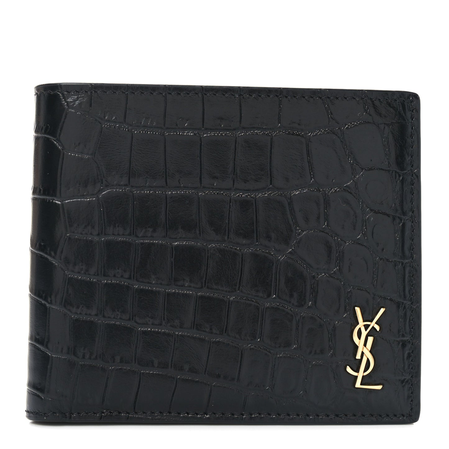 Calfskin Crocodile Embossed Tiny Cassandre East West Wallet Black