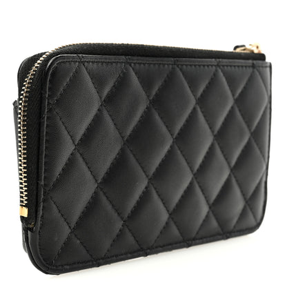 Chanel Lambskin Quilted Phone Holder Zip Clutch Black 3 of 8