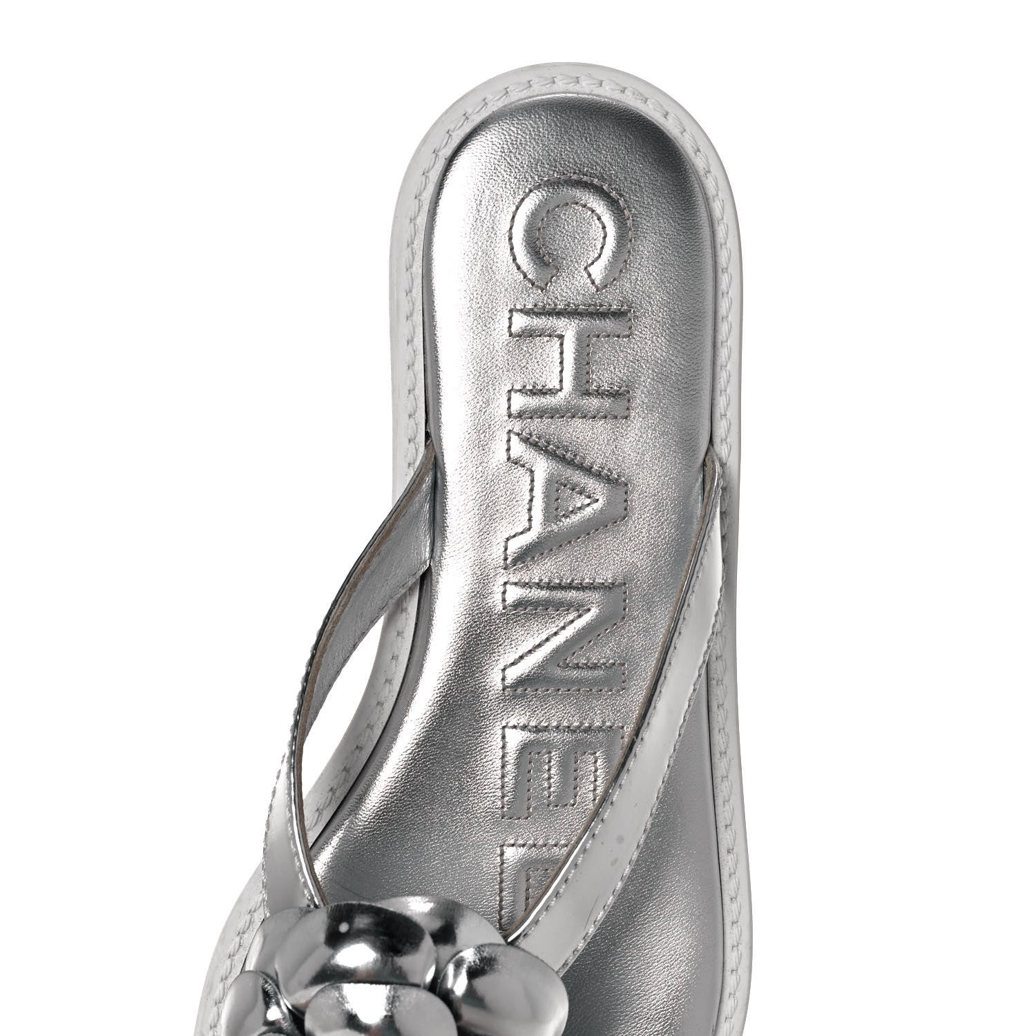Chanel Iridescent Patent Calfskin Camellia Thong Sandals 37 Silver 7 of 8