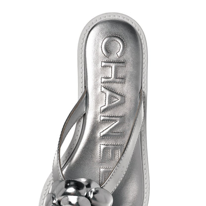 Chanel Iridescent Patent Calfskin Camellia Thong Sandals 37 Silver 7 of 8