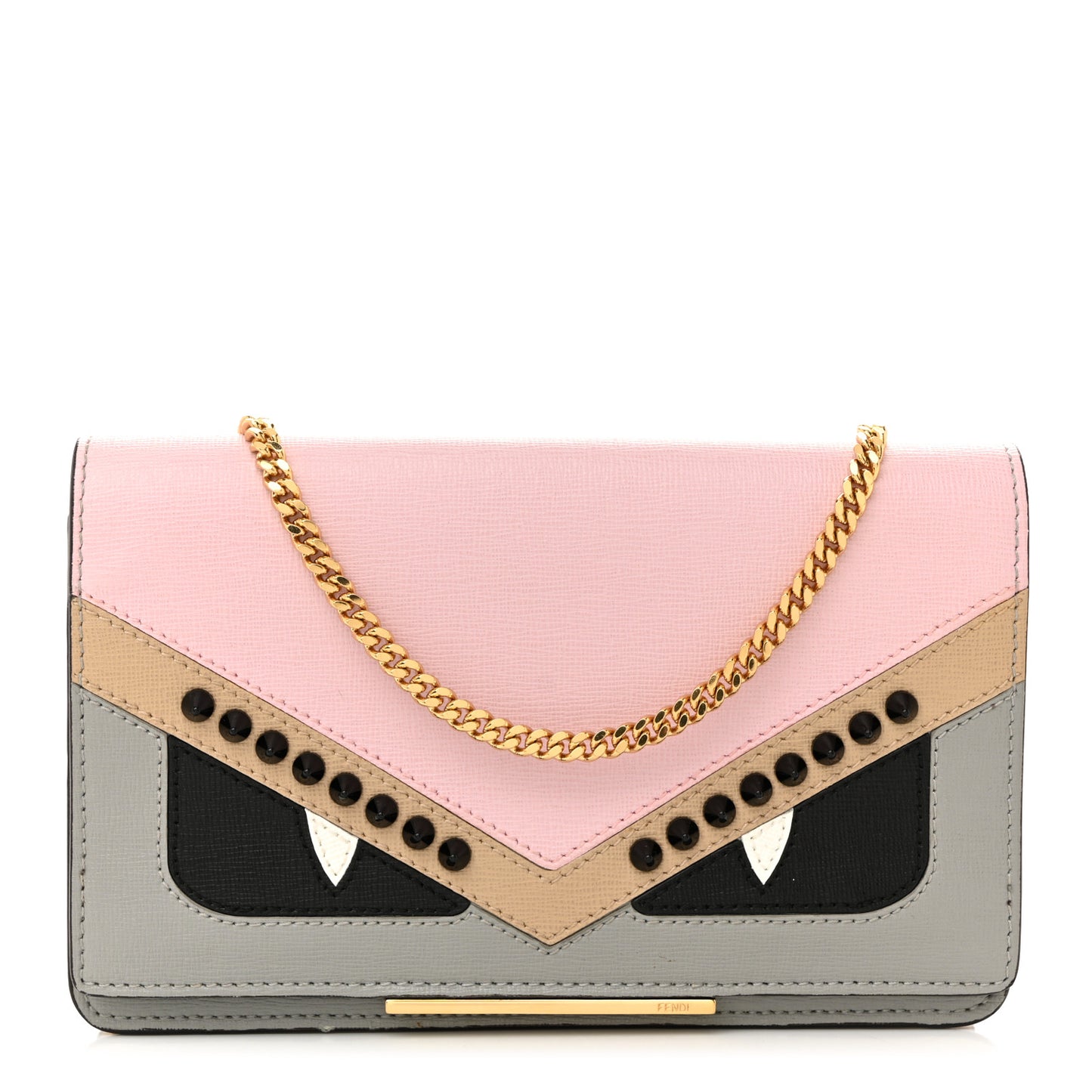 Vitello Elite Monster Eyes Studded Tube Wallet on Chain Grey Powder Cuoio Bubblegum