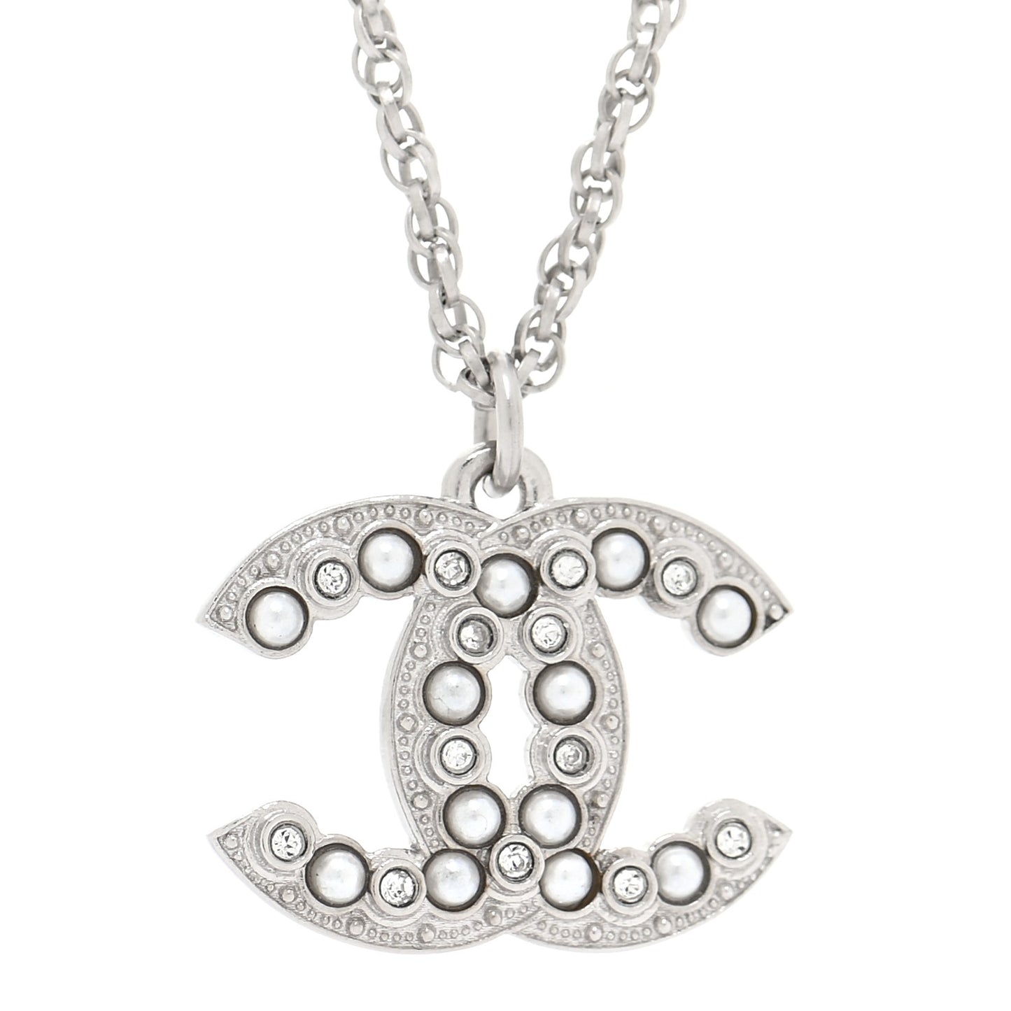 Pearl Crystal CC Pendant Necklace Silver
