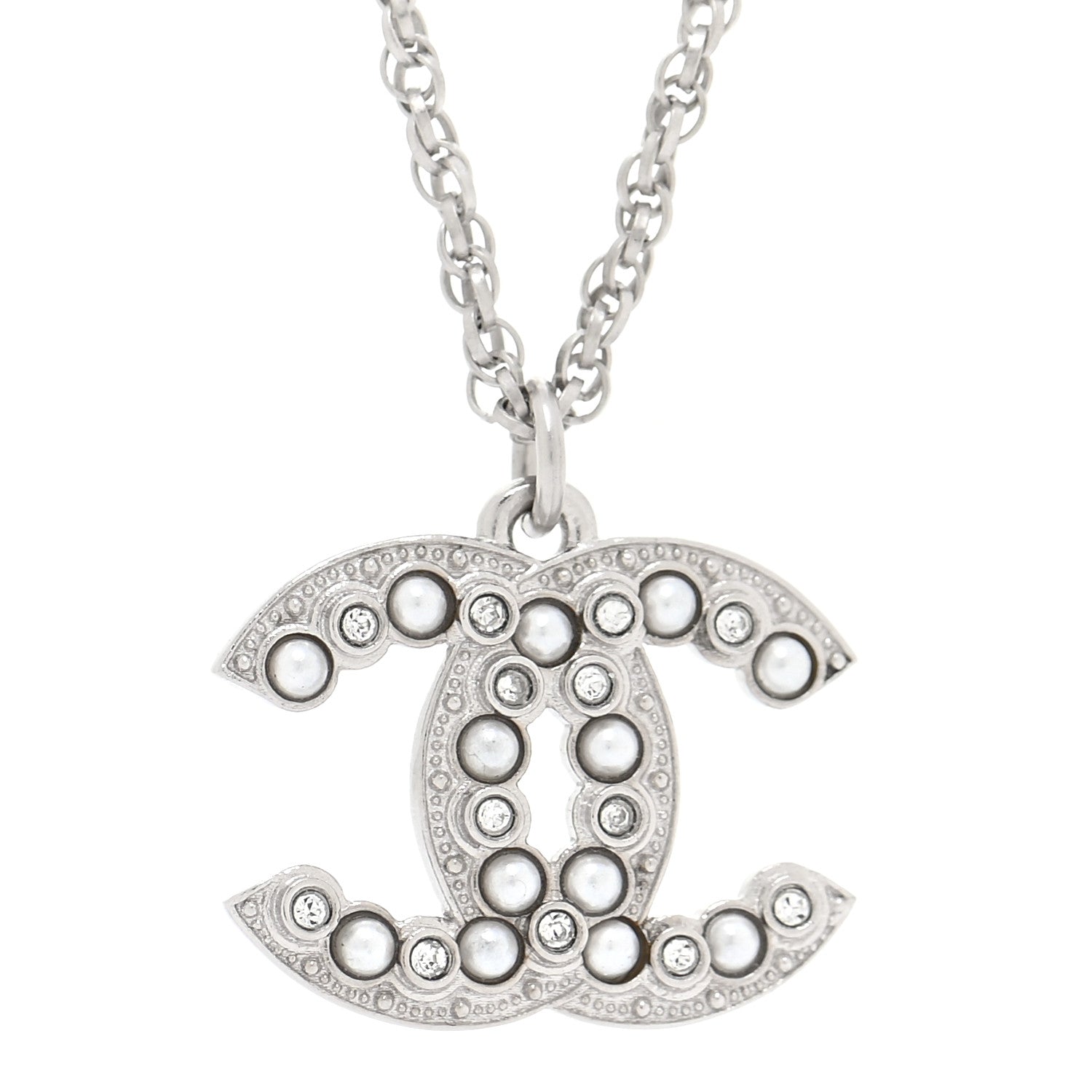 Chanel Pearl Crystal CC Pendant Necklace Silver 4 of 5