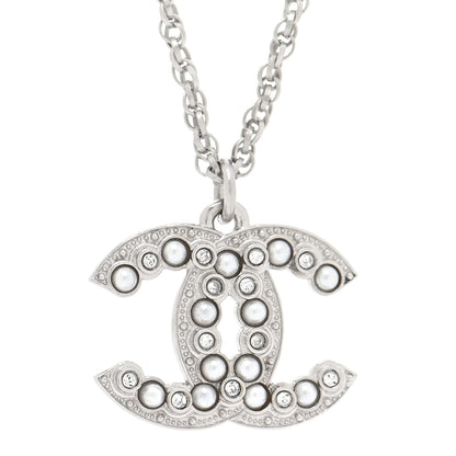 Chanel Pearl Crystal CC Pendant Necklace Silver 4 of 5