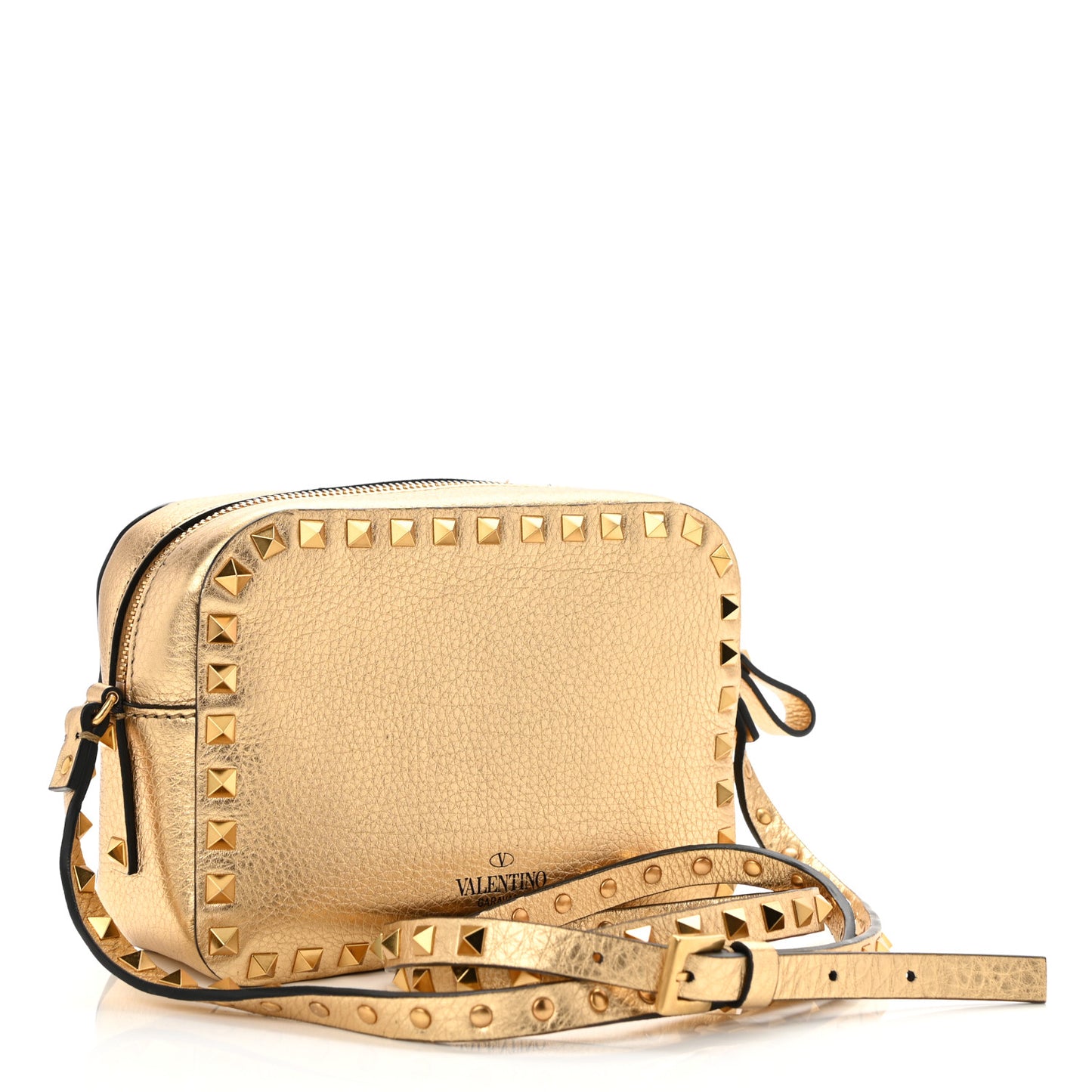 Metallic Pebbled Calfskin Rockstud Camera Crossbody Bag Gold