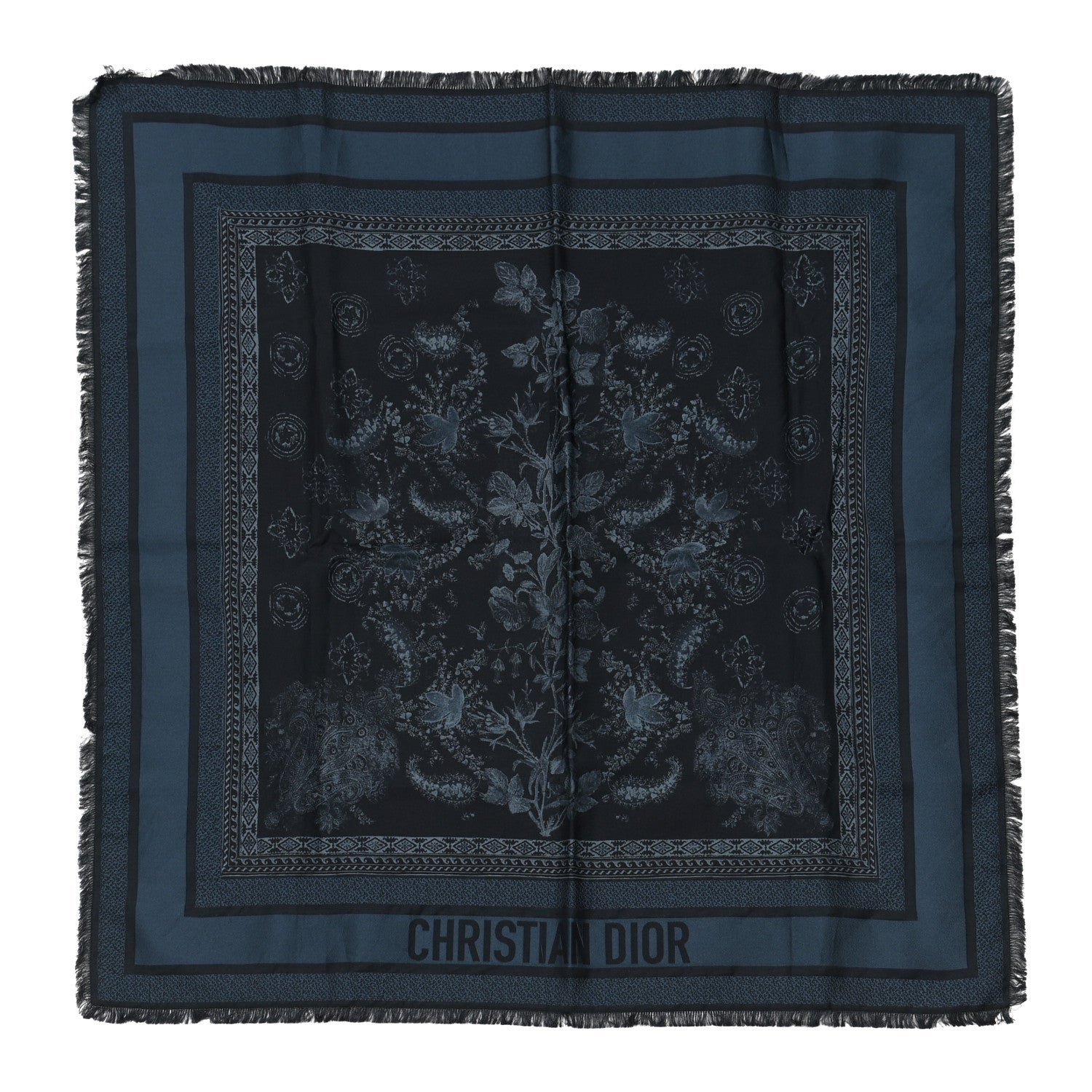 Christian Dior Silk Cotton Flowers Square Scarf Navy Blue 1 of 3