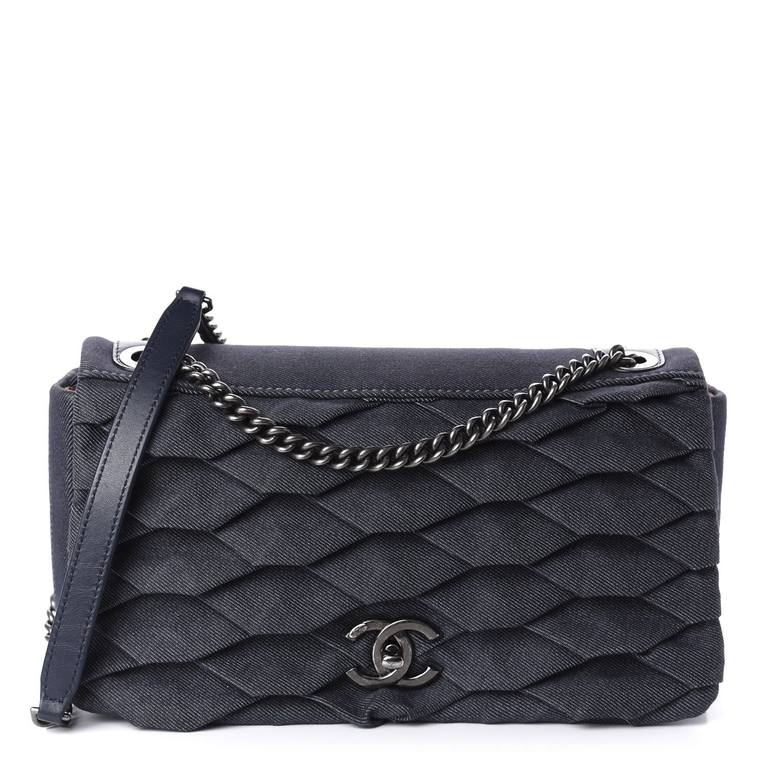 Chanel Denim Pleated Denim Turtle Flap Dark Blue 1 of 11