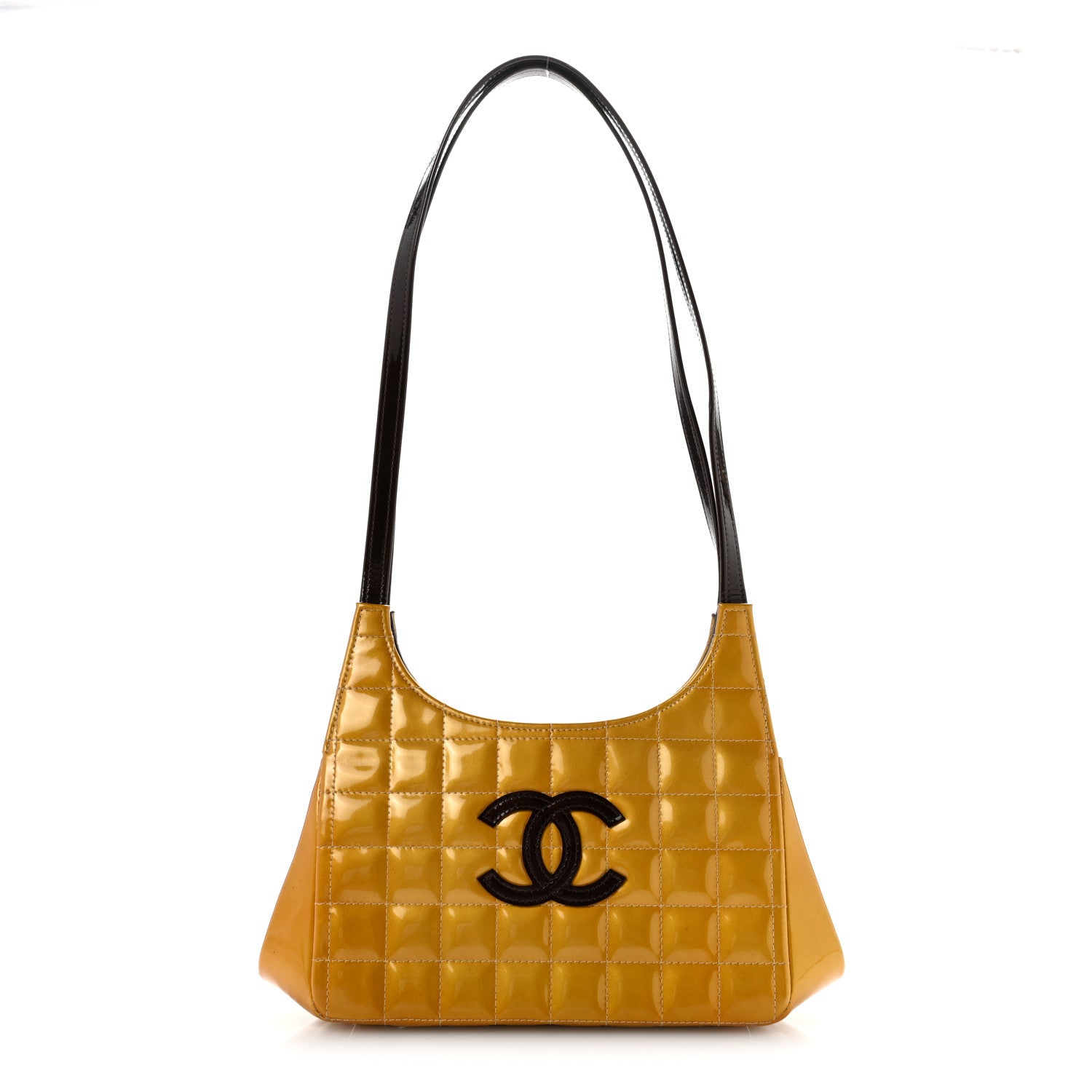 Chanel Patent Metallic Quilted Chocolate Bar Kiss Lock CC Shoulder Bag Gold 1 of 13
