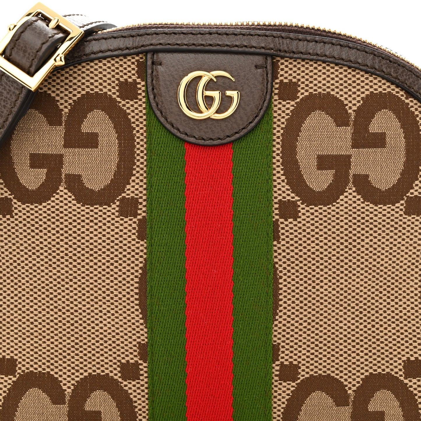 Monogram Jumbo GG Textured Dollar Calfskin Web Small Ophidia Dome Shoulder Bag Camel Ebony New Acero