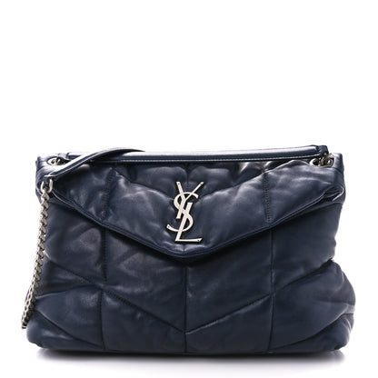 Saint Laurent Lambskin Quilted Medium Loulou Puffer Monogram Chain Satchel Navy 1 of 11