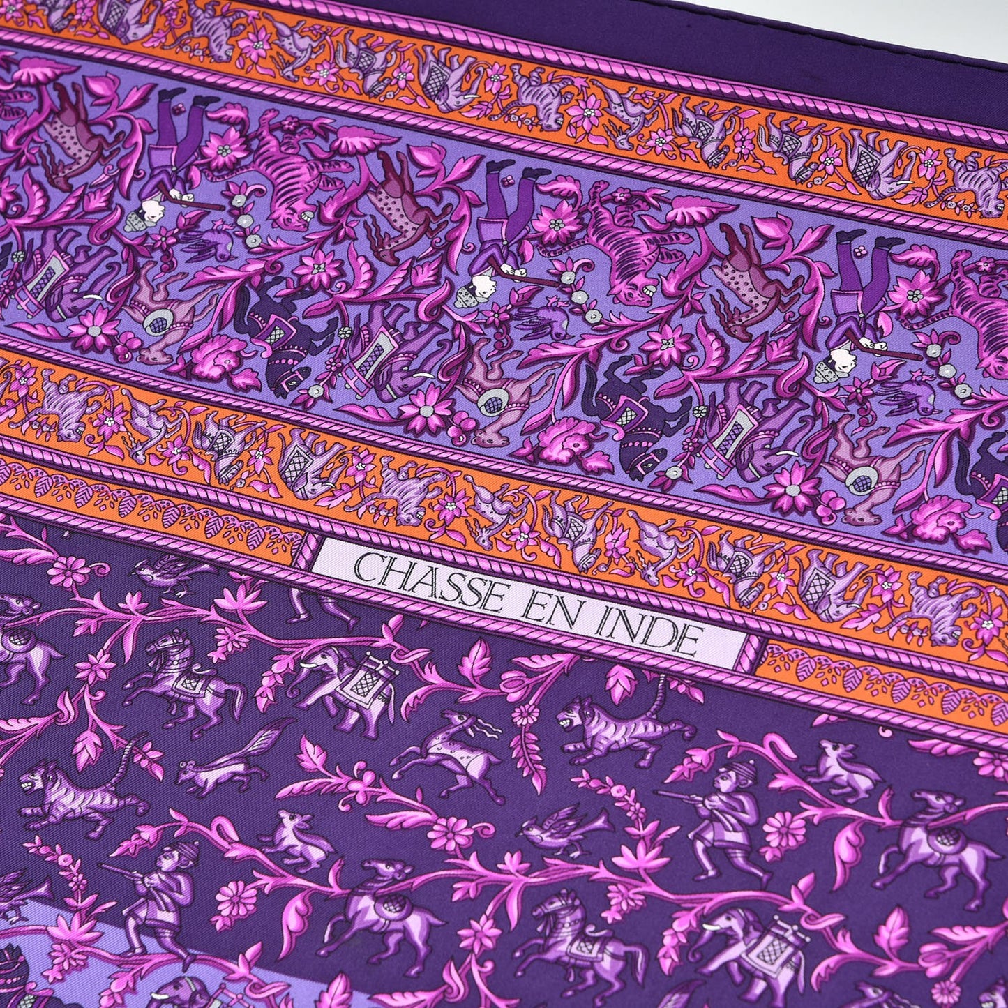 Silk Chasse En Inde Scarf 90 Violet Orange Rose Indien