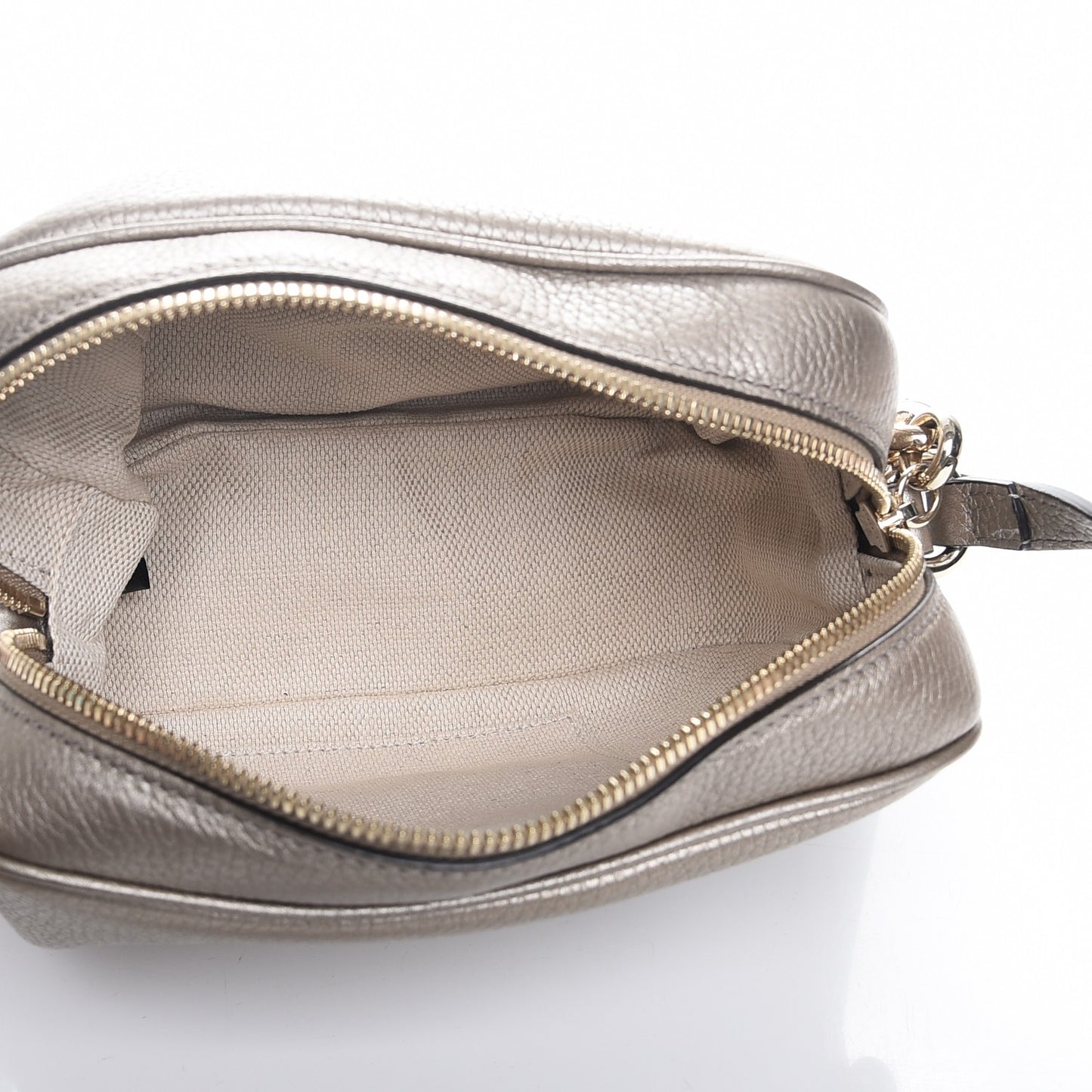 Metallic Pebbled Calfskin Small Soho Disco Bag Golden Beige