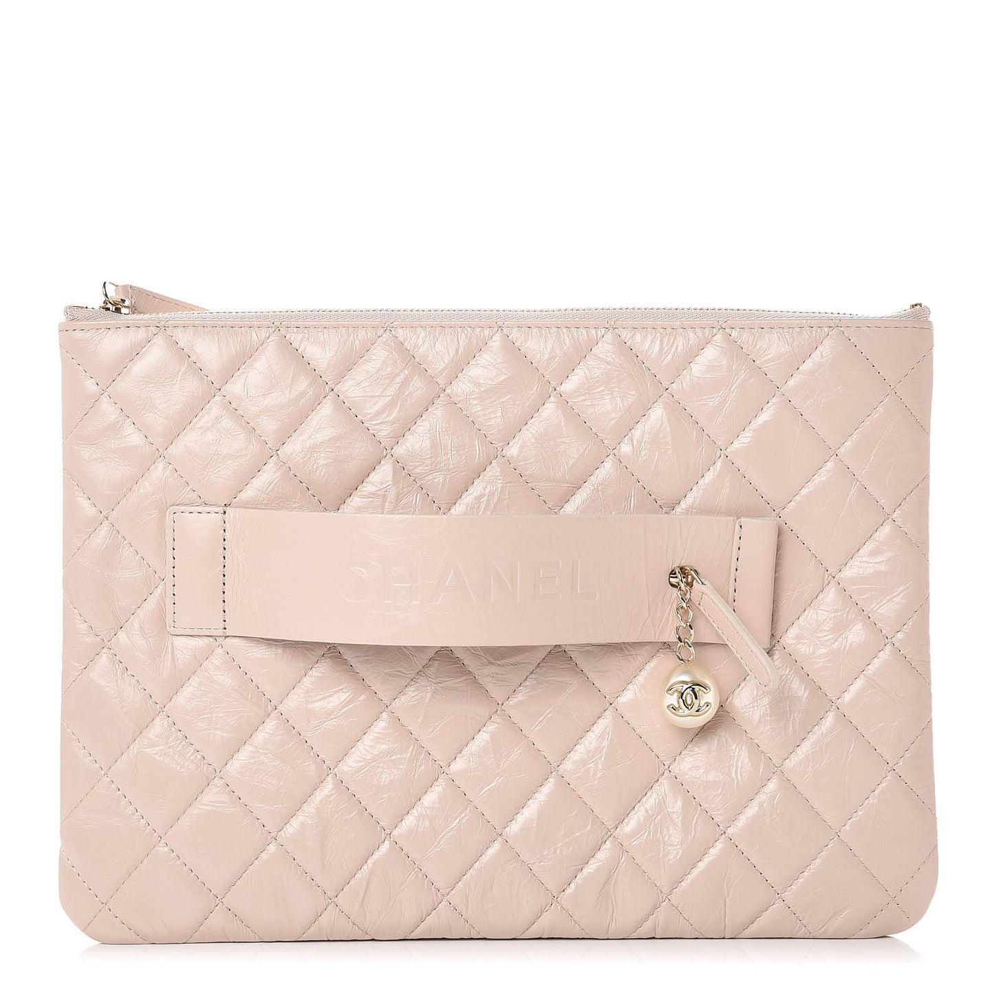 Shiny Crumpled Calfskin Medium Night by the C Pouch Clutch Light Beige