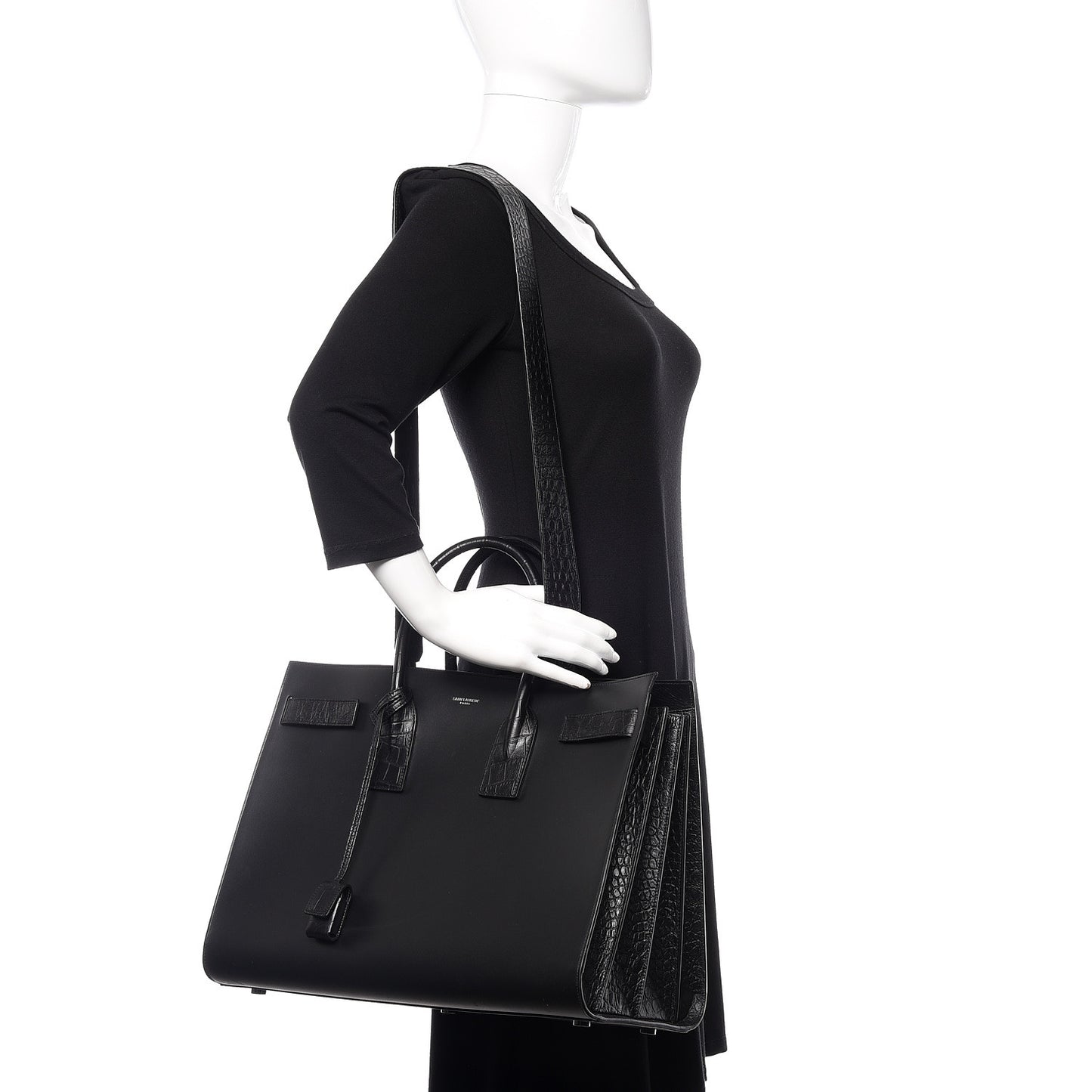 Calfskin Crocodile Embossed Large Sac De Jour Carryall Black