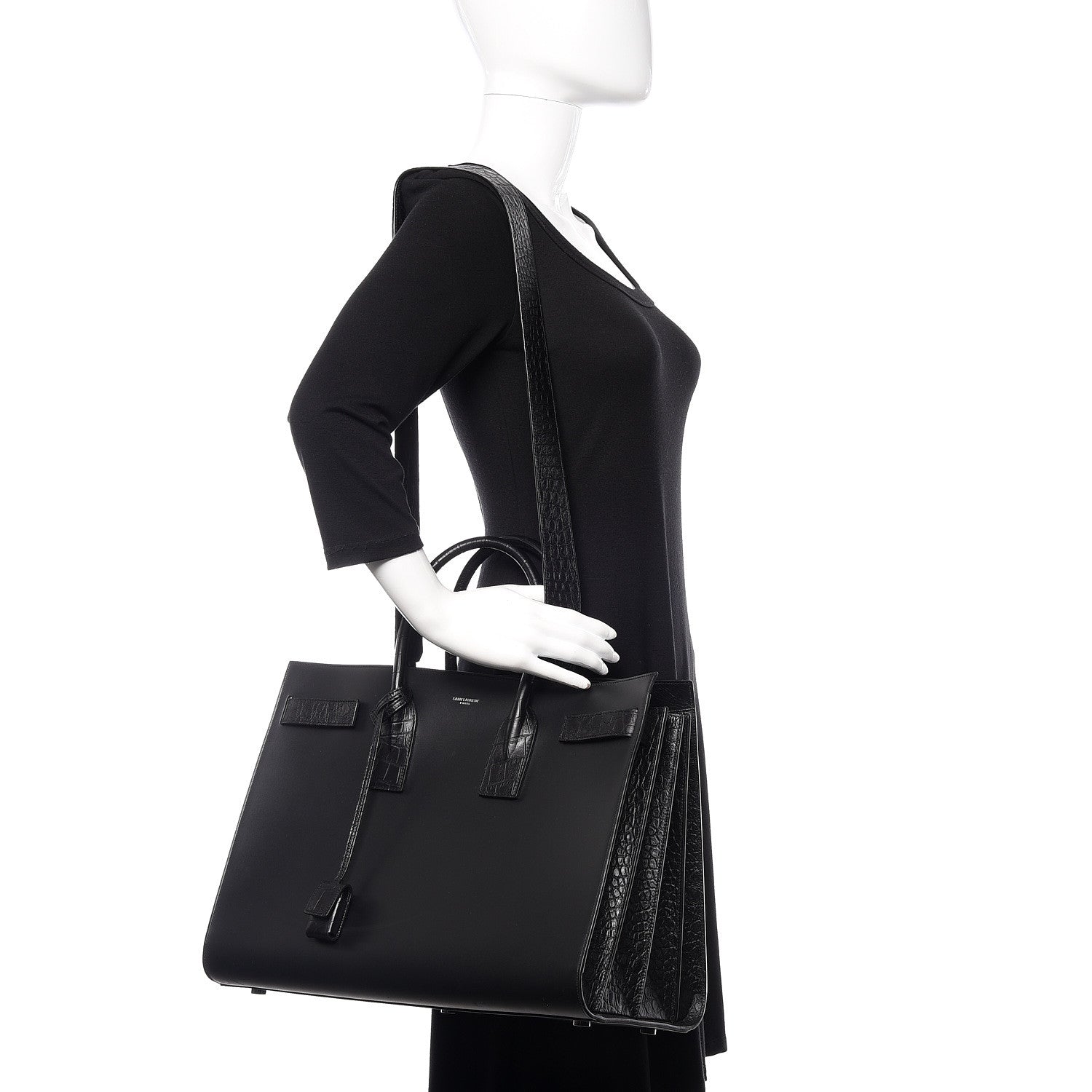 Saint Laurent Calfskin Crocodile Embossed Large Sac De Jour Carryall Black 2 of 10