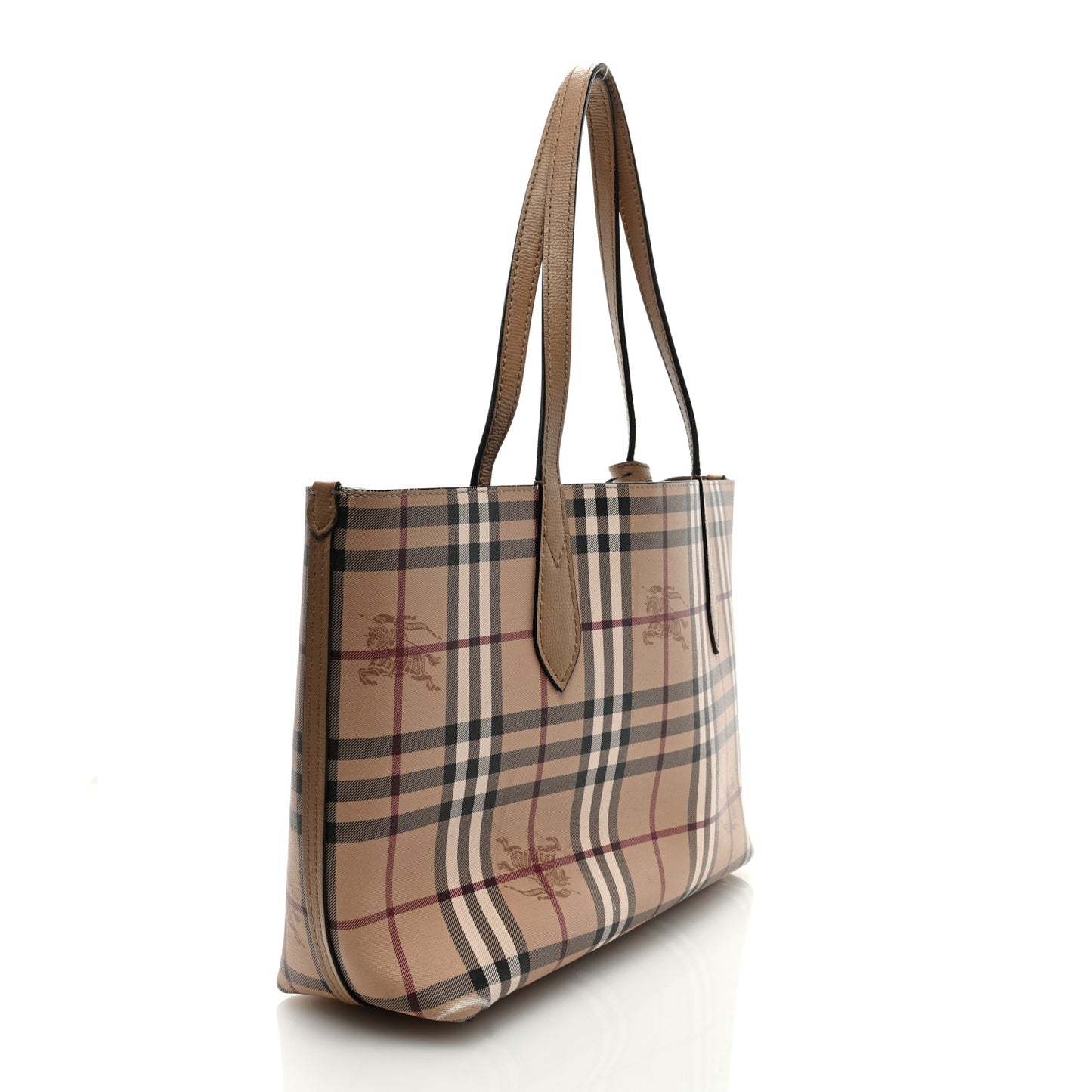 Grainy Calfskin Haymarket Check Small Reversible Tote Mid Camel