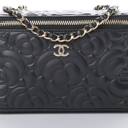 Chanel Lambskin Camellia Embossed Small Vanity Case With Chain Black 8 of 13