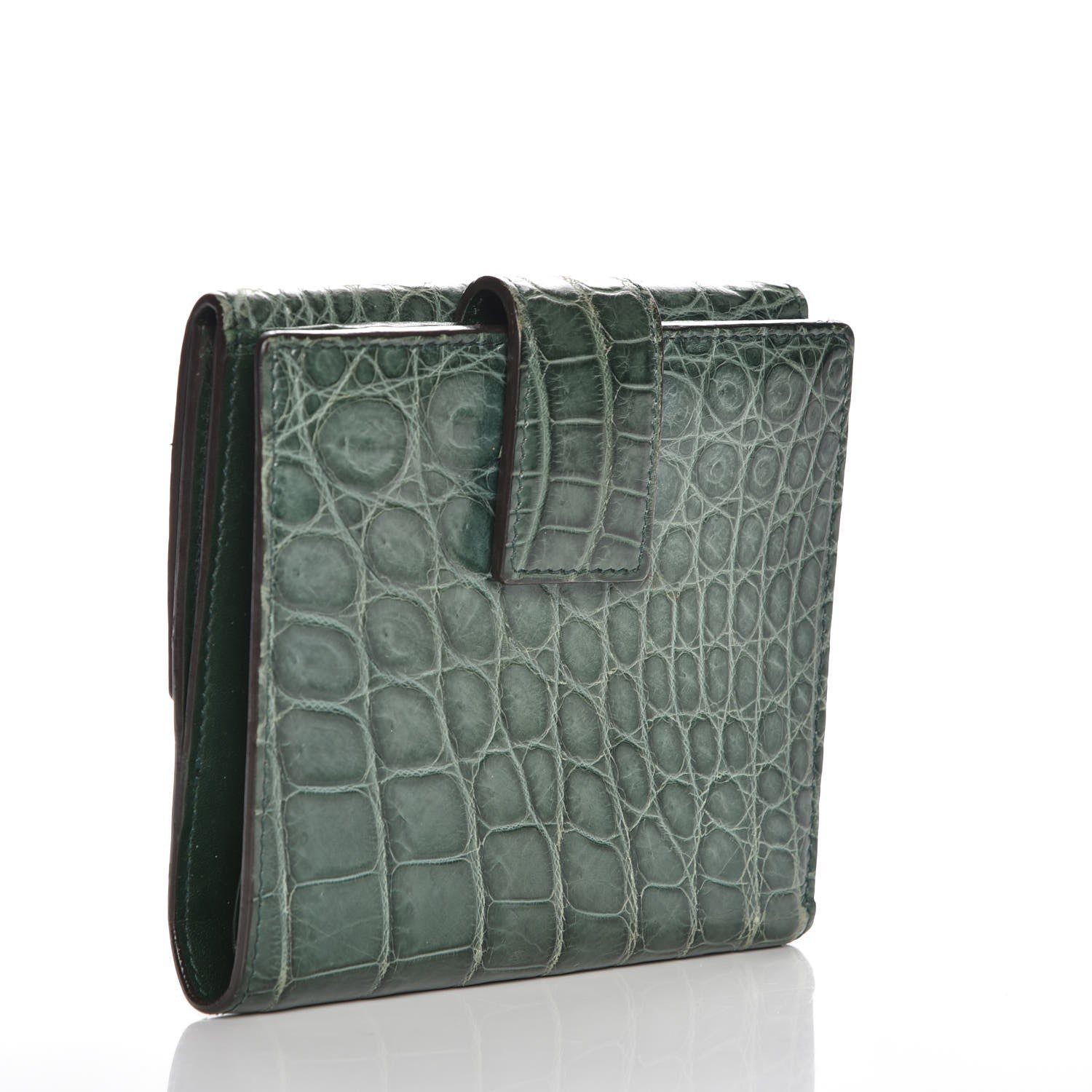 Gucci Crocodile Metal Bar French Flap Wallet Green 3 of 9