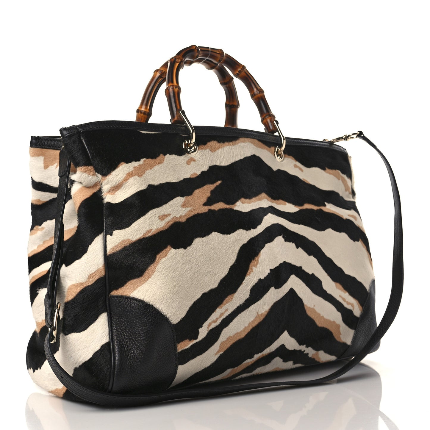 Calf Hair Zebra Print Large Bamboo Shopper Tote Black White
