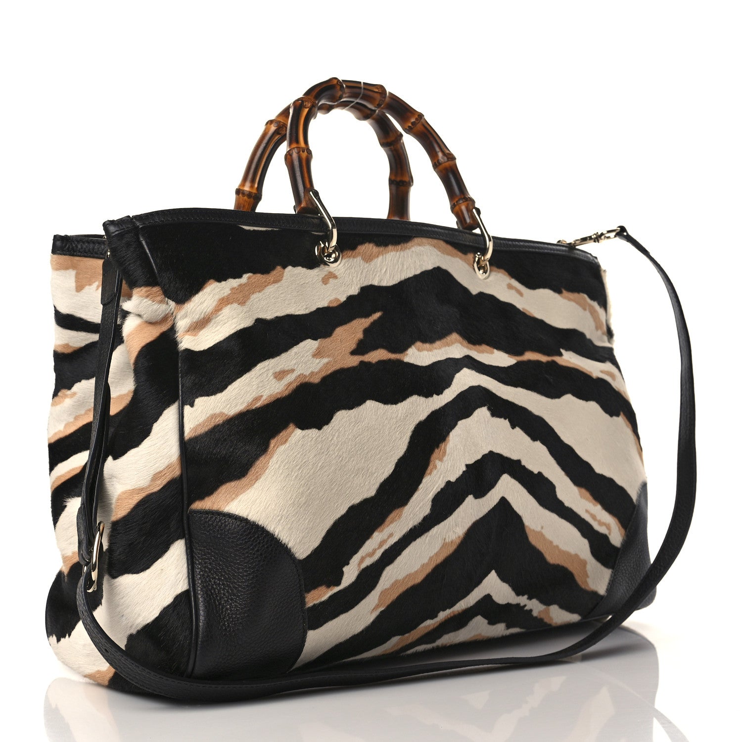 Gucci Calf Hair Zebra Print Large Bamboo Shopper Tote Black White 3 of 9