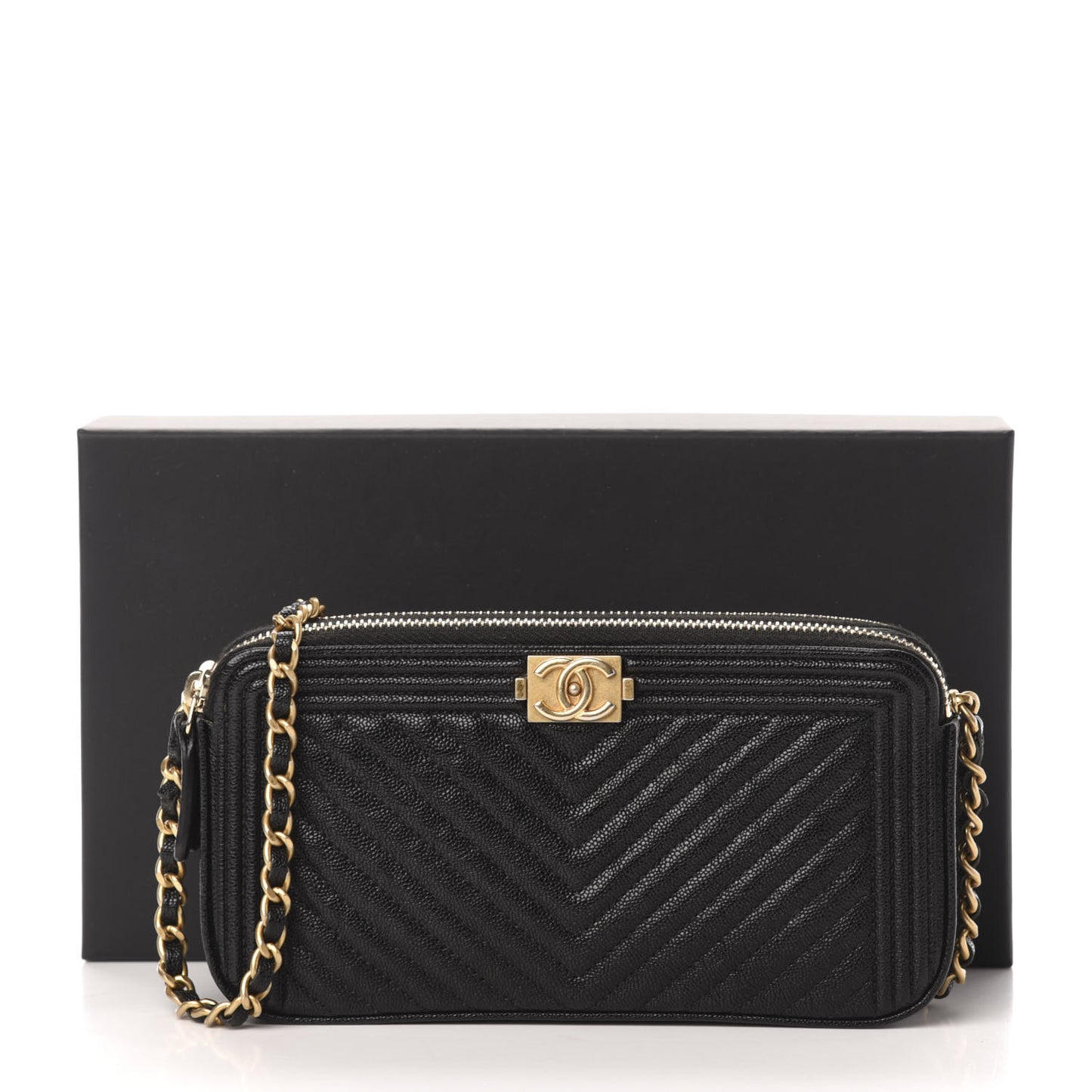 Caviar Chevron Small Boy Clutch With Chain Black